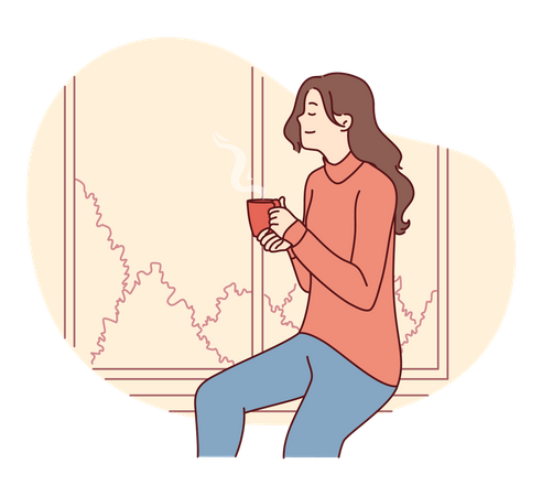 Woman sitting on window and drinking coffee  Illustration