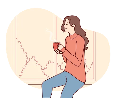 Woman sitting on window and drinking coffee  Illustration