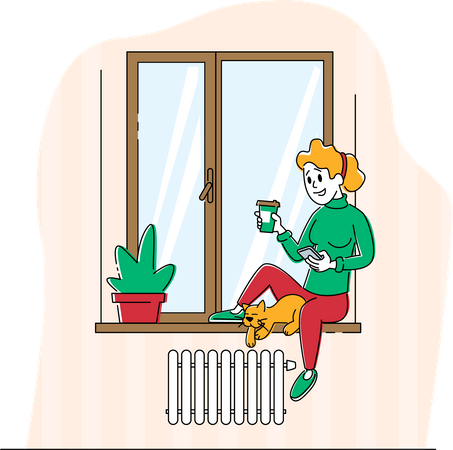 Woman Sitting on Windowsill with Cat Illustration