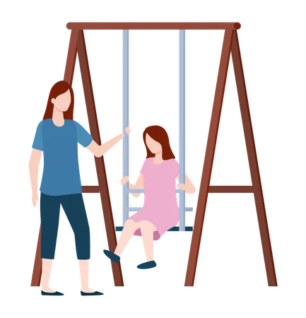 Woman Sitting On Wooden Swing Girls In Casual Clothes On White Portrait View Of People On Playground Recreation And Amusement Female Outdoor Vector Illustration