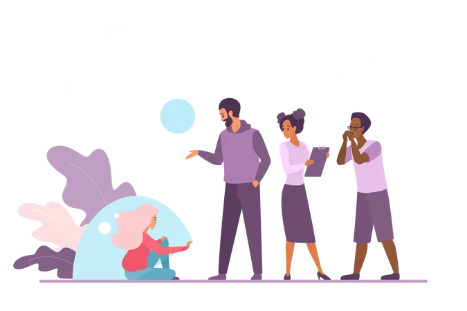 Person Setting Personal Boundaries Vector Illustration Cartoon Woman Holding Glass Bubble To Close Personal Space From Influence And Unhealthy Interaction With Crowd Of Colleagues Friends Or Family Illustration
