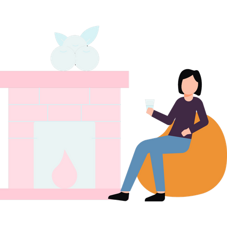 Woman sitting the fireplace  Illustration