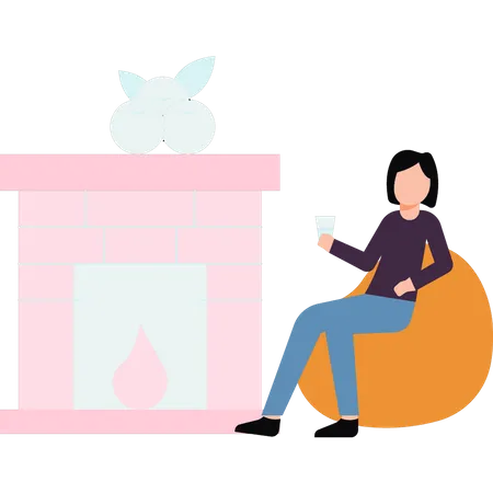 The Girl Is Sitting By The Fireplace Illustration
