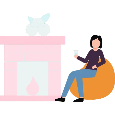 Woman sitting the fireplace  Illustration