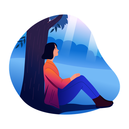 Woman sitting under tree  Illustration