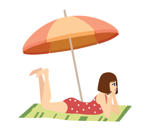 Woman sitting under umbrella at beach  イラスト
