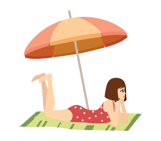 Woman sitting under umbrella at beach  Illustration