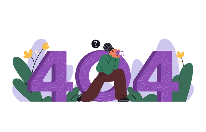 Woman sitting while looking for something using binoculars through number 404  Illustration