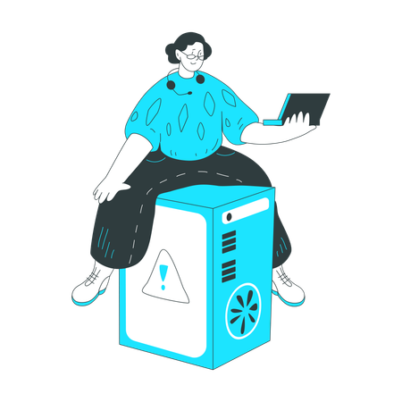 Woman sitting with a laptop on a big server  Illustration