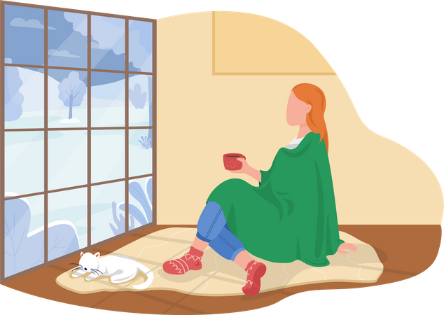 Woman sitting with blanket in living room with pet dog Illustration