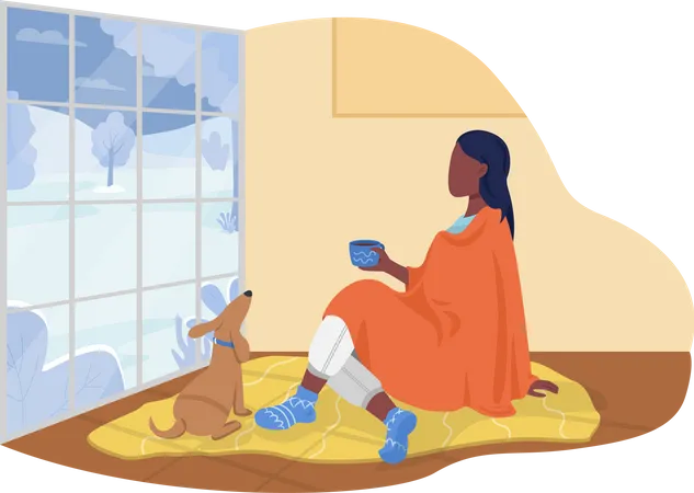 Woman sitting with blanket in living room with pet dog  Illustration