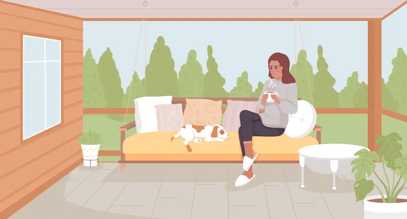 Enjoying Getaway Alone At Vacation Home Flat Color Vector Illustration Girl Sitting On Garden Swing With Dog And Coffee Fully Editable 2 D Simple Cartoon Character With Garden Landscape On Background Illustration