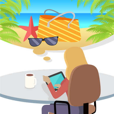 Woman Sitting with Gadget and Dreaming About Rest  Illustration