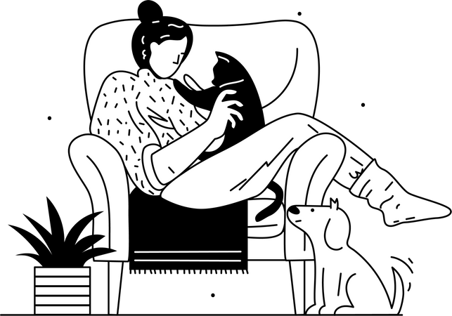 Woman sitting with her pets Illustration