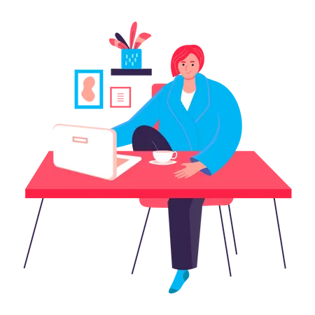 Woman sitting with laptop at desk  Illustration