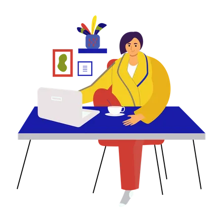 Woman sitting with laptop at desk  Illustration