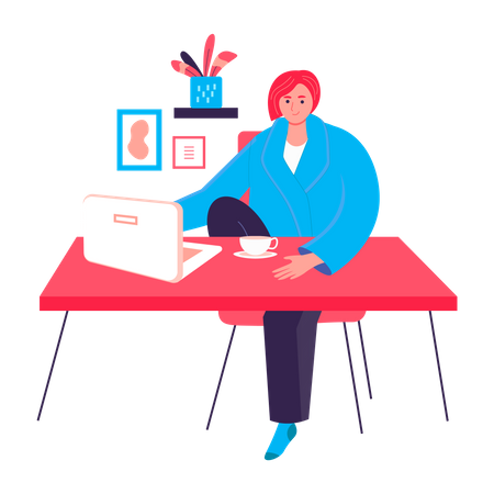 Woman sitting with laptop at desk  Illustration
