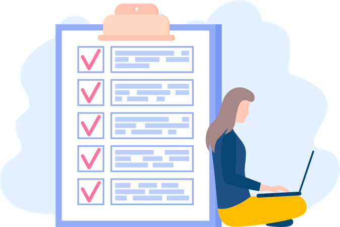 Woman sitting with laptop near big paper clipboard with check marks  イラスト