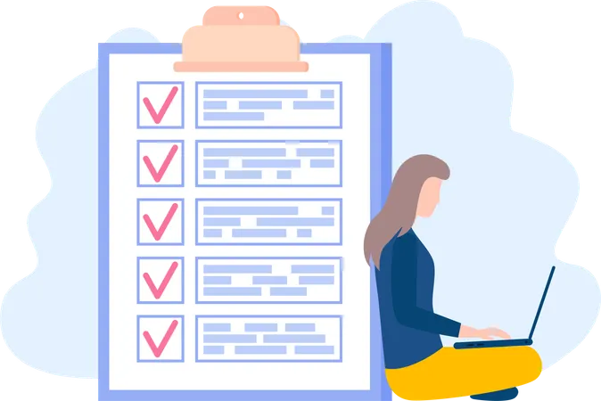 Woman sitting with laptop near big paper clipboard with check marks  イラスト