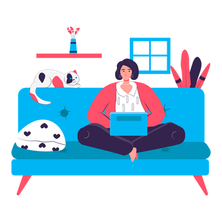 Woman sitting with laptop on sofa in room  Illustration