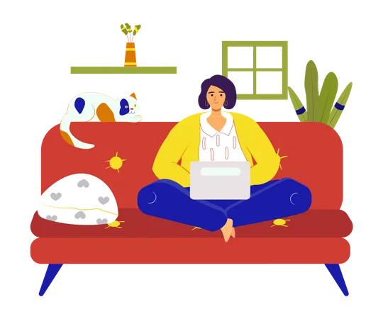 Woman sitting with laptop on sofa in room  Illustration