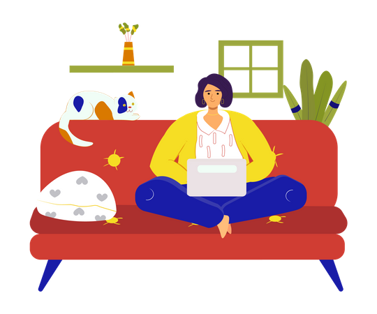 Woman sitting with laptop on sofa in room  Illustration