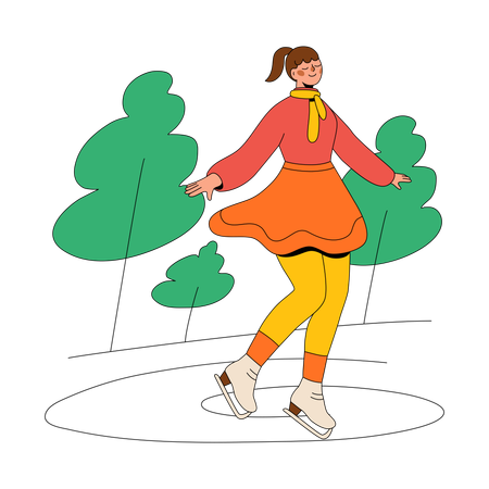 Woman Skates On An Ice Rink In The Woods  Illustration