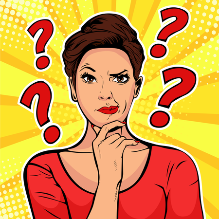 Woman skeptical facial expressions face with question marks upon hear head  Illustration