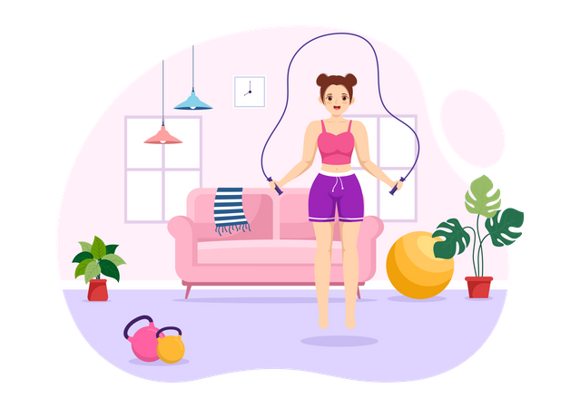 Woman Skipping Rope At Home  Illustration