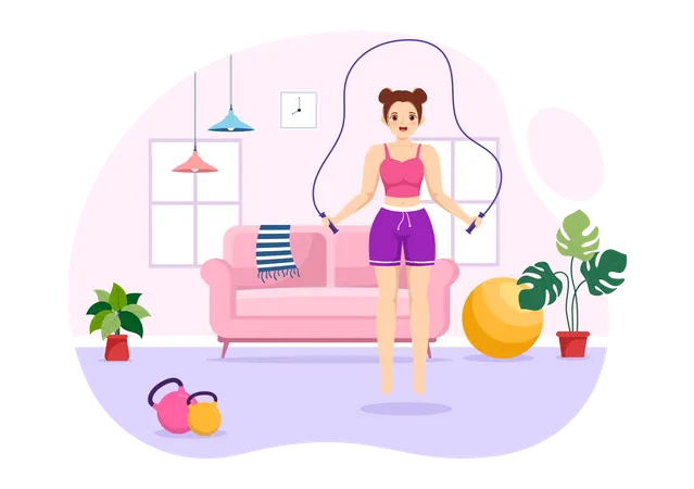 Woman Skipping Rope At Home  Illustration