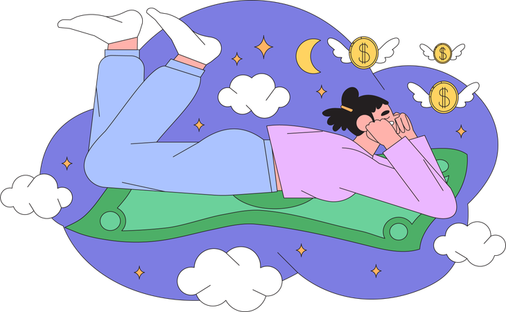 Woman sleep dreams about her being rich and wealthy and earn a lot of money  Illustration