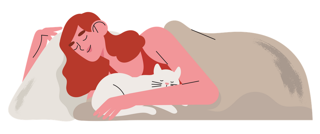 Woman sleep in her bed with cat Illustration