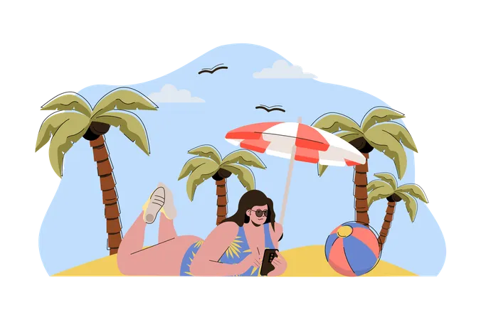 Woman sleeping at beach wearing swimsuit Illustration