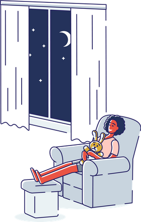Woman sleeping in armchair hugging teddy bear Illustration