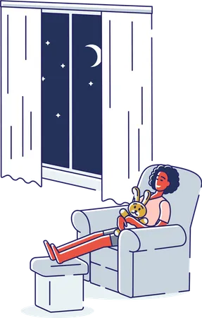 Woman sleeping in armchair hugging teddy bear  Illustration