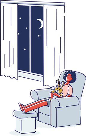 Woman sleeping in armchair hugging teddy bear  Illustration