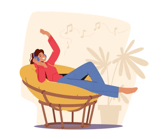 Woman Sleeping On Armchair And Enjoying Music  Illustration