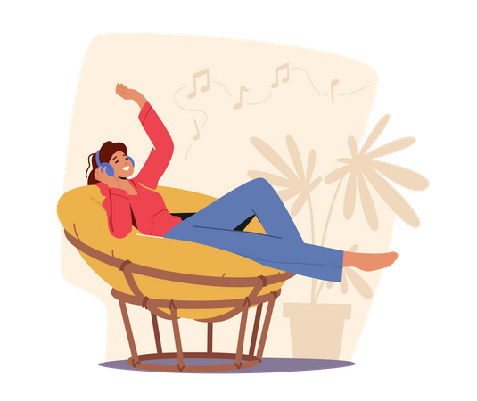 Woman Sleeping On Armchair And Enjoying Music  Illustration