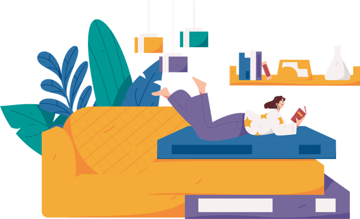 本を読みながらベッドで眠る女性  イラスト