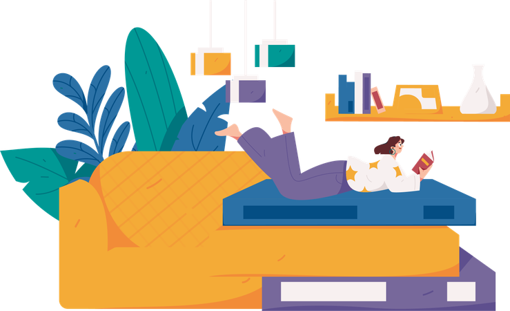 Woman sleeping on bed while reading book  Illustration