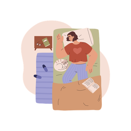 Woman sleeping on bed with cat  Illustration