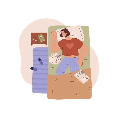 Woman sleeping on bed with cat  Illustration