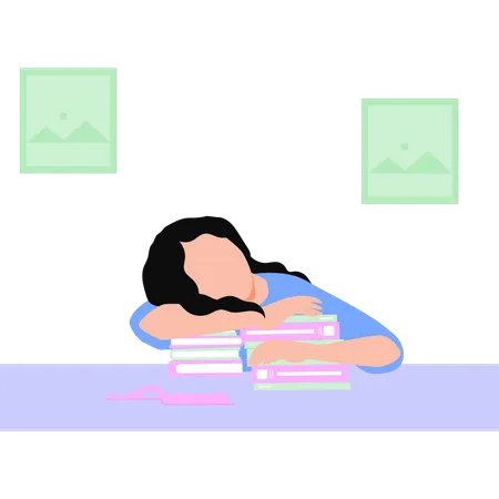 The Girl Is Sleeping On The Books Illustration