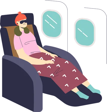 Woman Sleeping While Travel By Plane Female Cartoon Sit In Chair Relaxed In Airplane Business Class Girl Comfortable During Flight Flat Vector Illustration Illustration