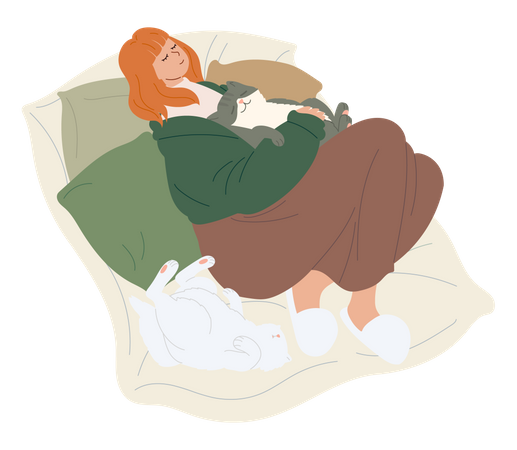 Woman sleeping with cats Illustration