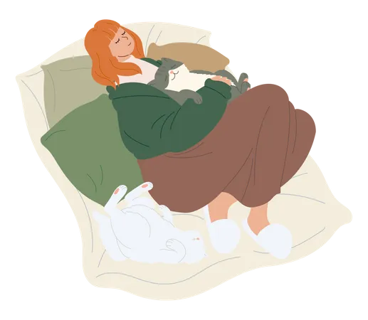 Woman sleeping with cats  Illustration