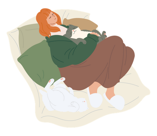 Woman sleeping with cats  Illustration