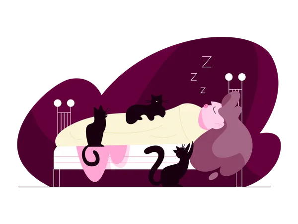 Woman sleeping with cats  Illustration