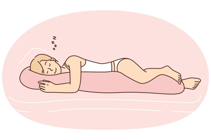 Woman sleeping with smile hugging body pillow enjoying rest after and restoring strength of hard day  Illustration