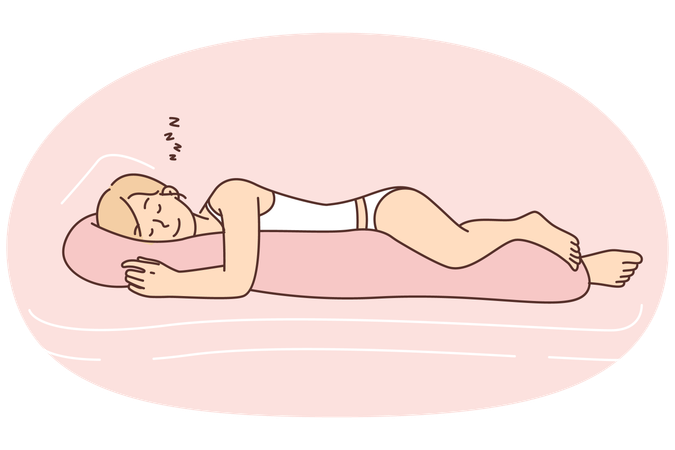 Woman sleeping with smile hugging body pillow enjoying rest after and restoring strength of hard day  Illustration